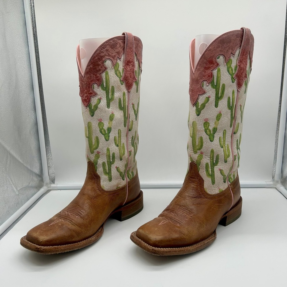 Ariat Fonda Women Cactus Print Leather Boots Wide Square Toe Brown Pink Size 8B - Picture 7 of 13